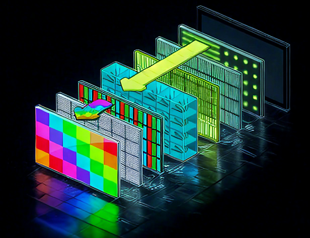 Annotated cross-section of an LCD panel, clearly marking each layer of the backlight unit, polarizer, liquid crystal layer, and color filter. The arrows in the figure indicate the path of light through each layer, and the concise and clear annotations make the structure clear at a glance.
