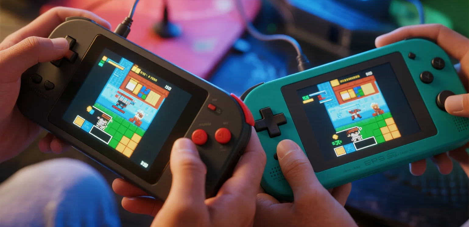 Two ESP32 handheld gaming devices connected via WiFi