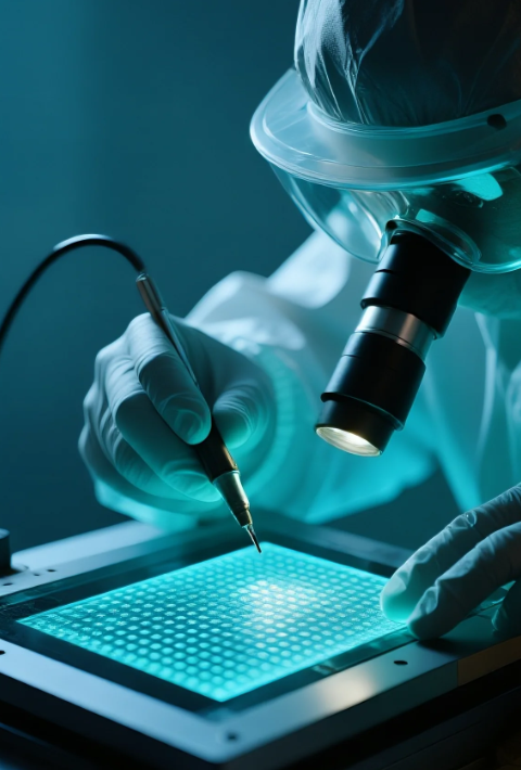 engineer inspecting MicroLED panel with magnifying lens, high precision manufacturing