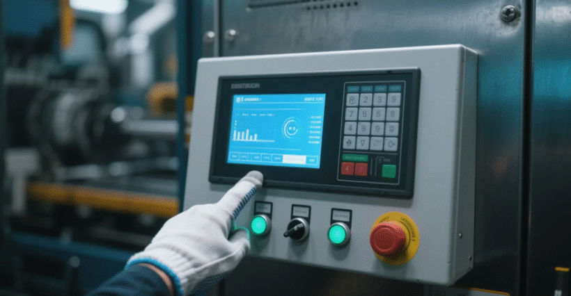 Close-up of a smart factory control panel with TFT LCD display, high brightness, glove-friendly touch interface, data visualization, industrial machine background, metallic textures