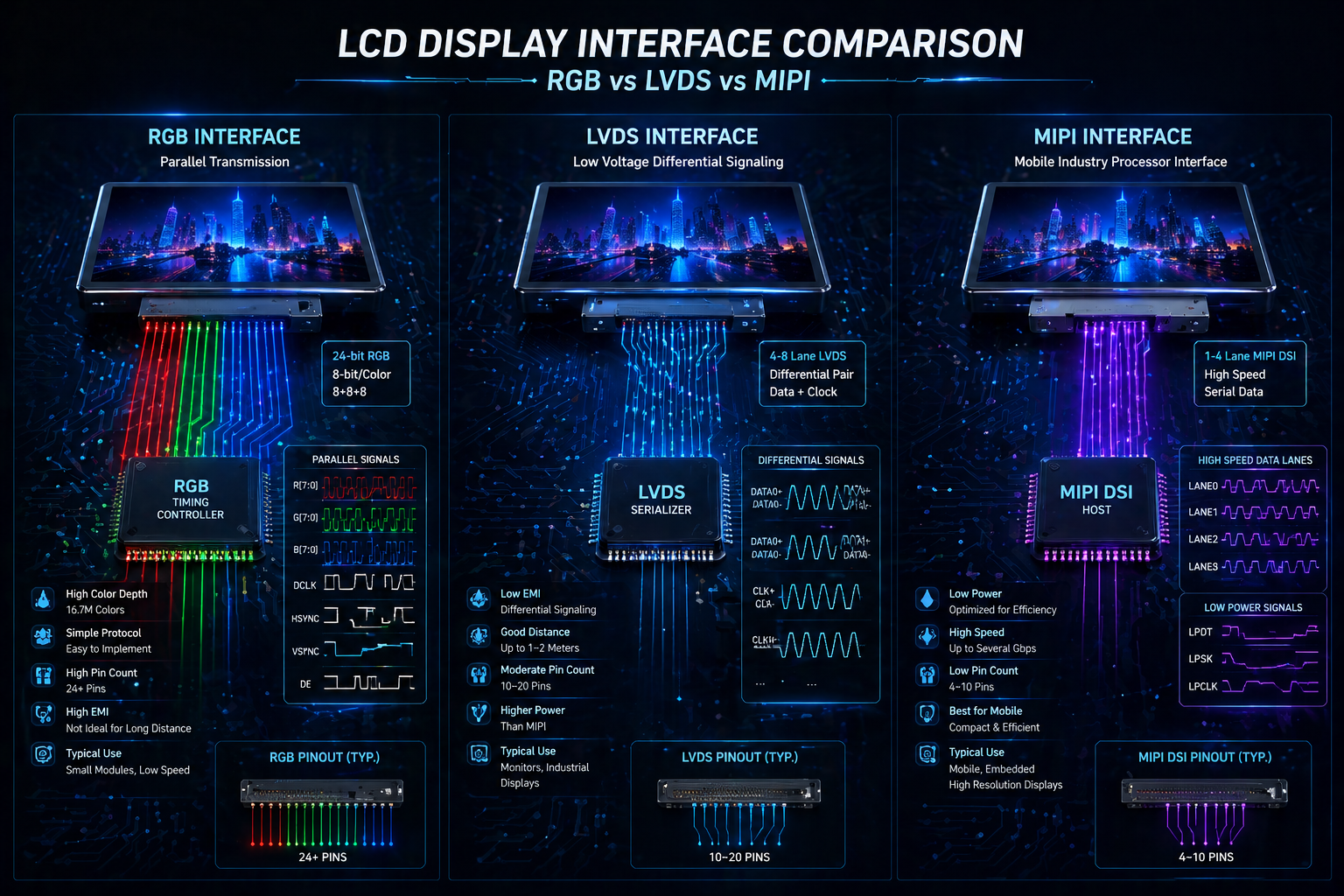 Comparison of RGB, LVDS and MIPI LCD display interfaces