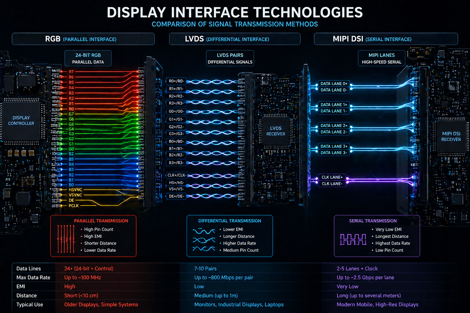 RGB parallel signals and LVDS MIPI differential signal transmission comparison