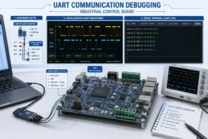 Embedded engineer debugging UART communication in an industrial system