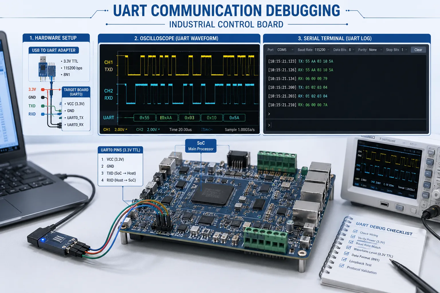 Embedded engineer debugging UART communication in an industrial system