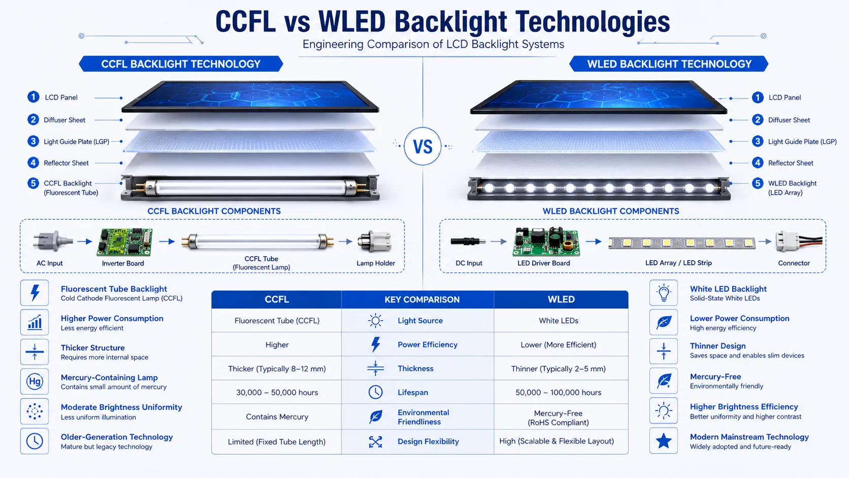 Technical comparison between CCFL and WLED LCD backlight technologies